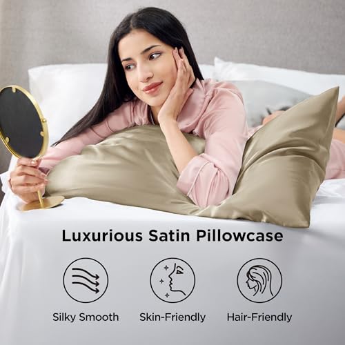 Bedsure Satin Pillowcases Queen Set of 2, Similar to Silk Pillow Case Khaki